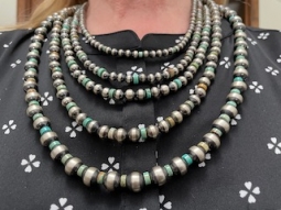 24" long, 5 Strands Sterling Silver Navajo Pearls Necklace